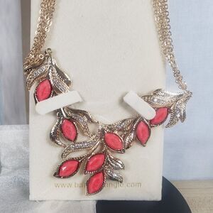 Amrita Singh Coral Crystal Enamel Gold Tone Leaf Multi Chain Necklace